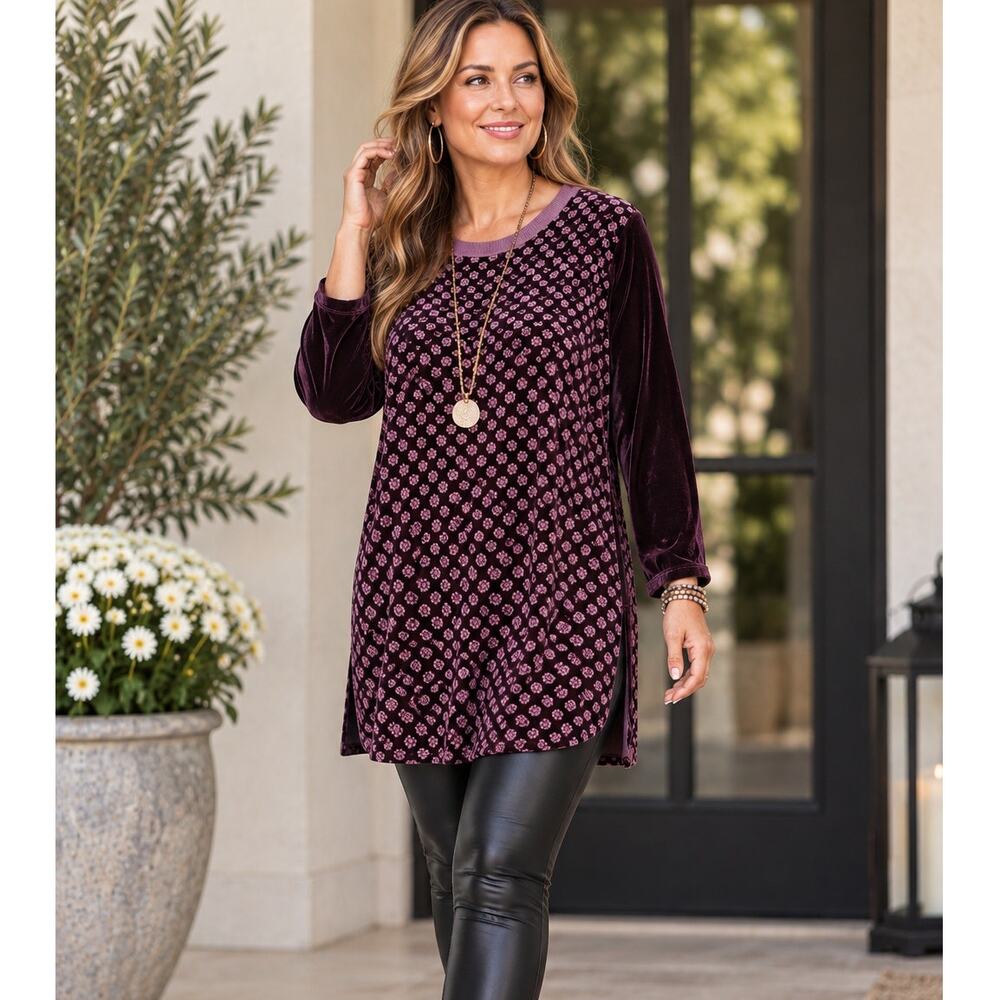 Johnny Was Peter & Greta Biya Large Purple eggplant Velvet Tunic Boho Longline
